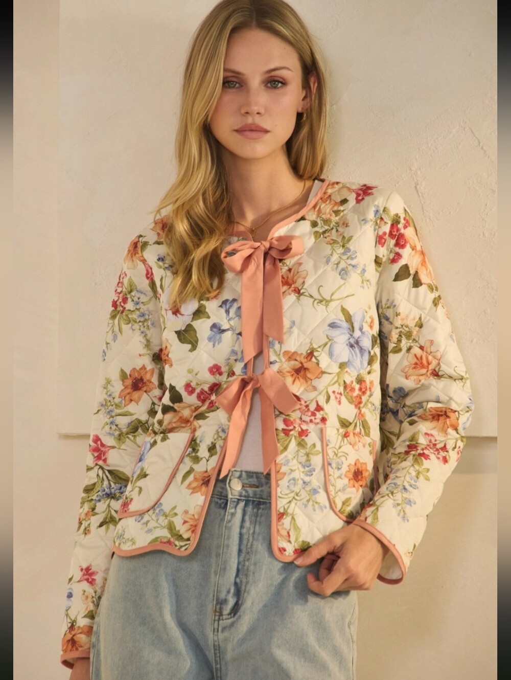 Oddi Floral Quilted Bow-Front Jacket in Cream and Pink